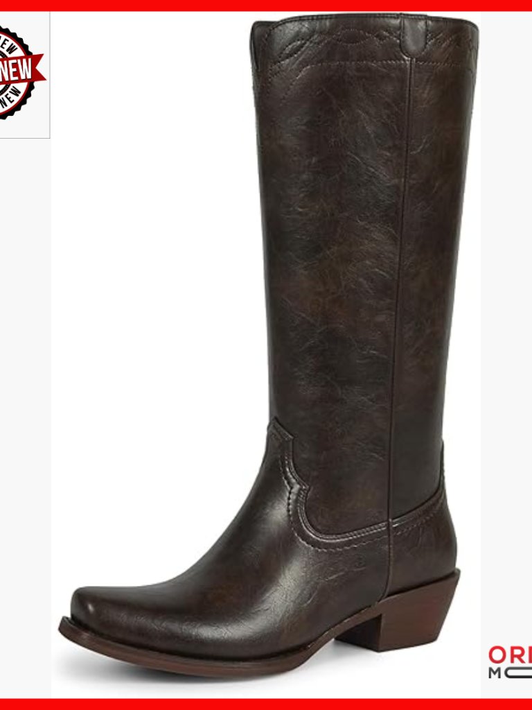 Knee High Cowgirl Boots Square Toe Pull On Faux Leather Low Block Heel